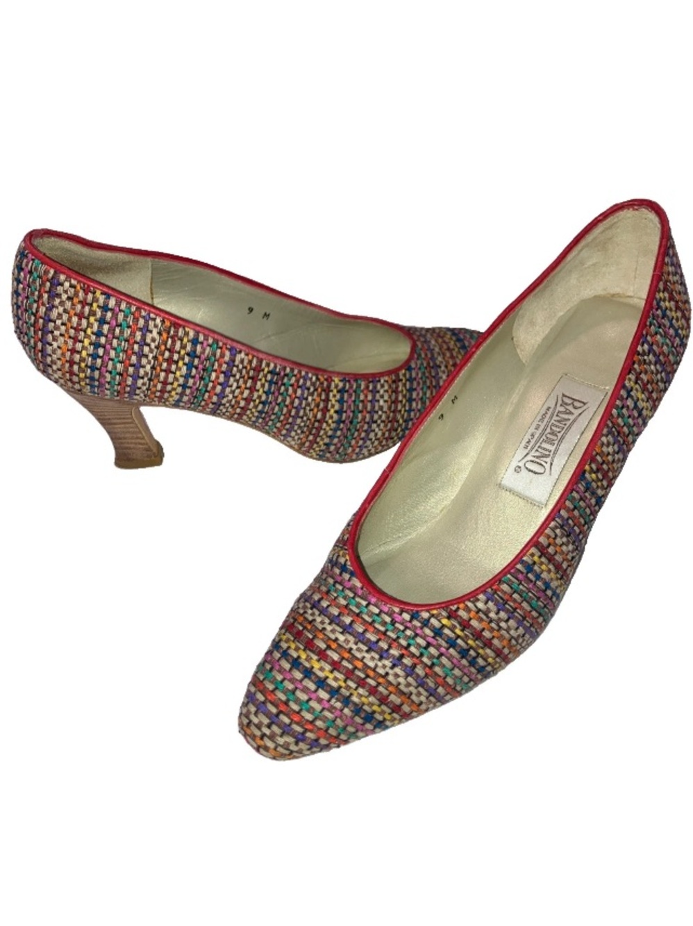 Vintage Woven Rainbow Bandolino Pump Spain Sz 9 Retro Tweed Wood Heel Pointy Toe